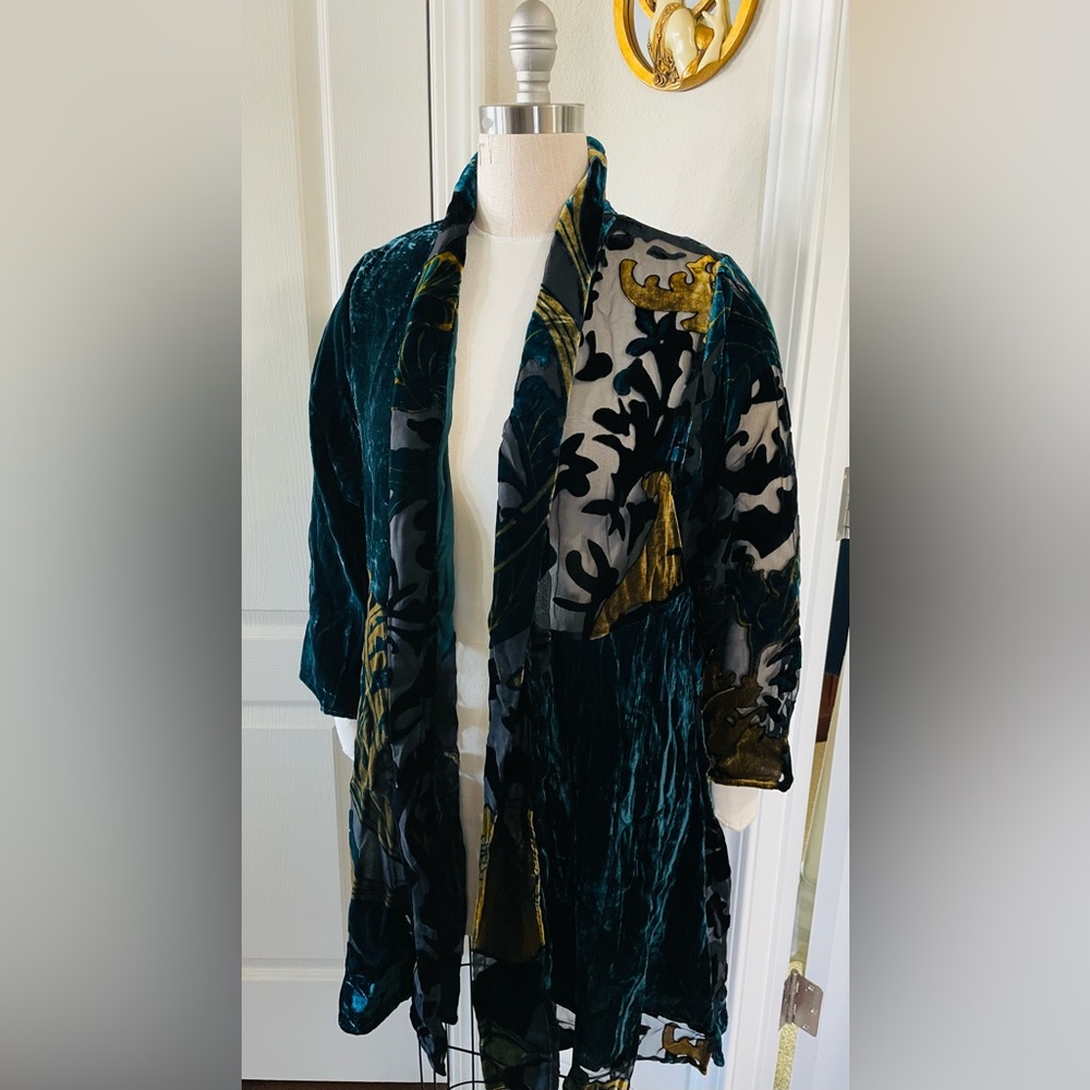 Chico's Teal and Gold velvet burnout wrap tunic